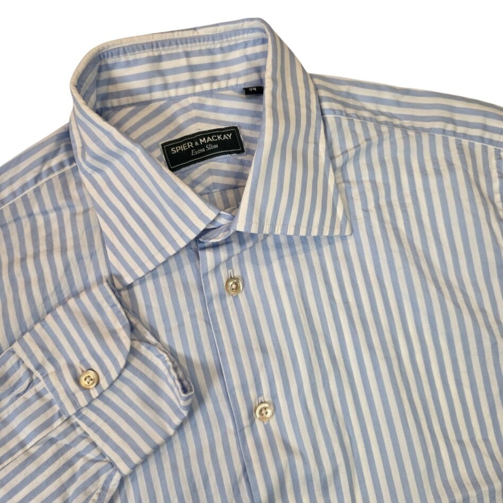 Spier & Mackay Mens 15.5 34 Dress Shirt Blue White Extra Slim Stripe Long Sleeve